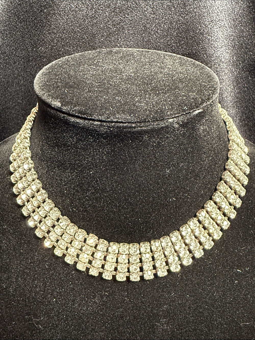 Vintage Four-Row Rhinestone Choker Necklace - Silver Tone